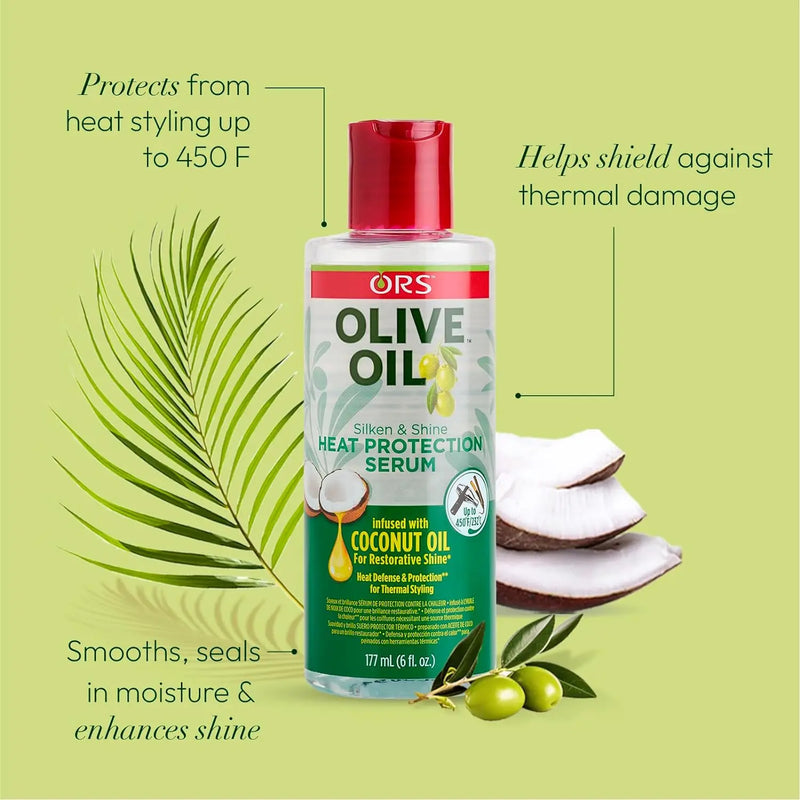ORS Olive Oil Silken & Shine Heat Protection Serum infused with Coconut Oil for Restorative Shine 6oz