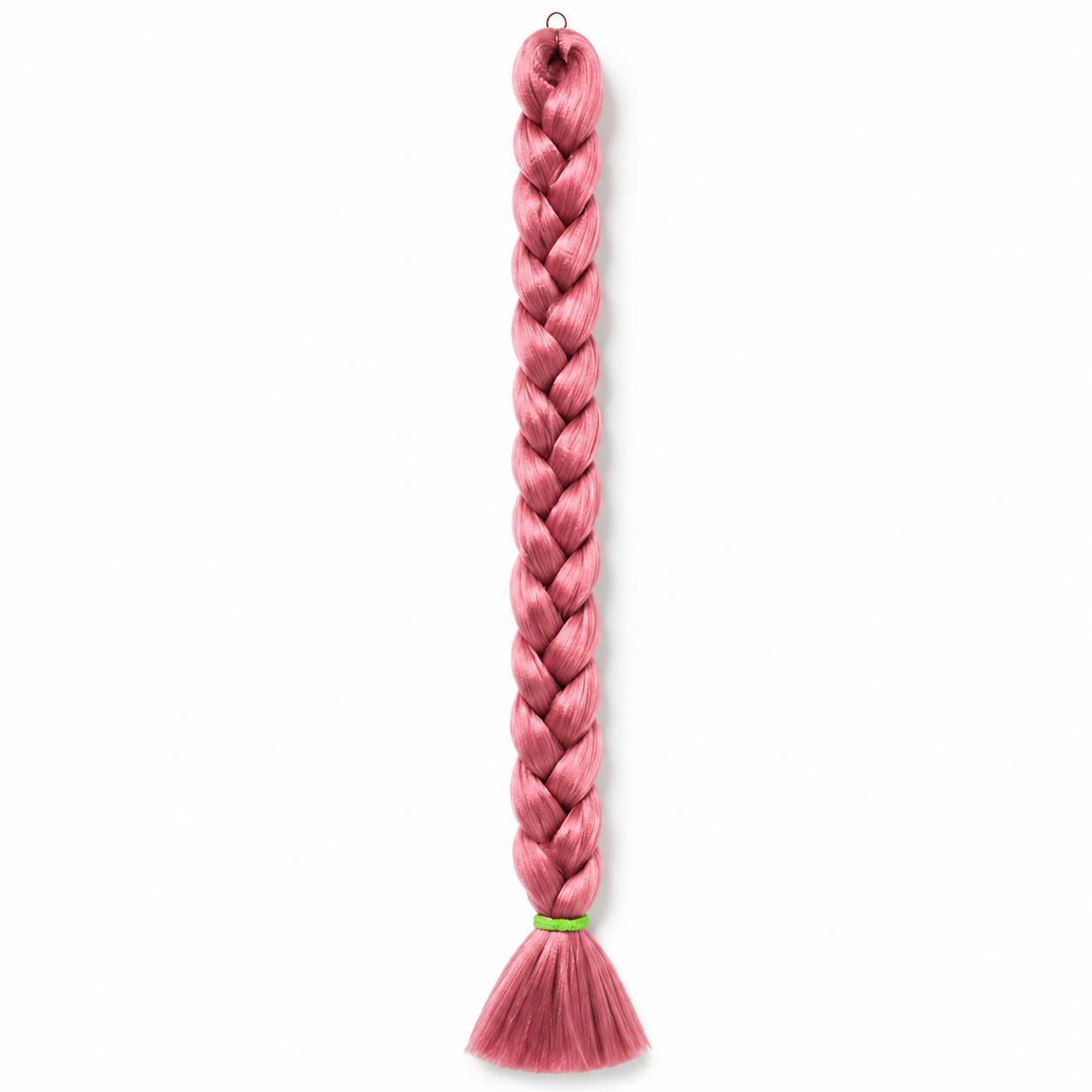 rosewood long synthetic braiding hair extension in a neat three-strand braid with a smooth tassel end secured by a green elastic band, isolated on a clean white background