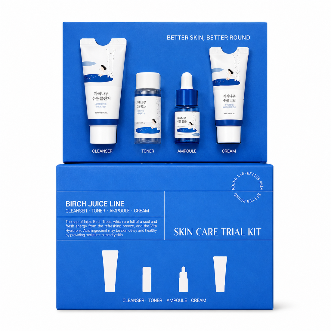 round lab birch juice skincare trial kit on a clean white background featuring four travel-size products: cleanser, toner, ampoule and cream. hydrating skincare set designed to cleanse, moisturise and nourish dry, dehydrated skin with birch sap.