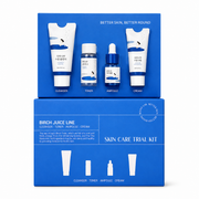 round lab birch juice skincare trial kit on a clean white background featuring four travel-size products: cleanser, toner, ampoule and cream. hydrating skincare set designed to cleanse, moisturise and nourish dry, dehydrated skin with birch sap.
