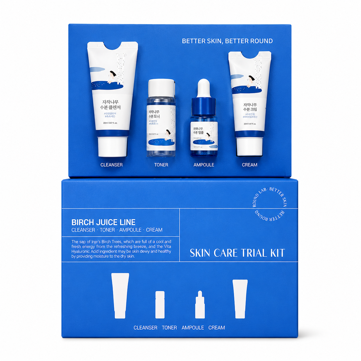round lab birch juice skincare trial kit on a clean white background featuring four travel-size products: cleanser, toner, ampoule and cream. hydrating skincare set designed to cleanse, moisturise and nourish dry, dehydrated skin with birch sap.