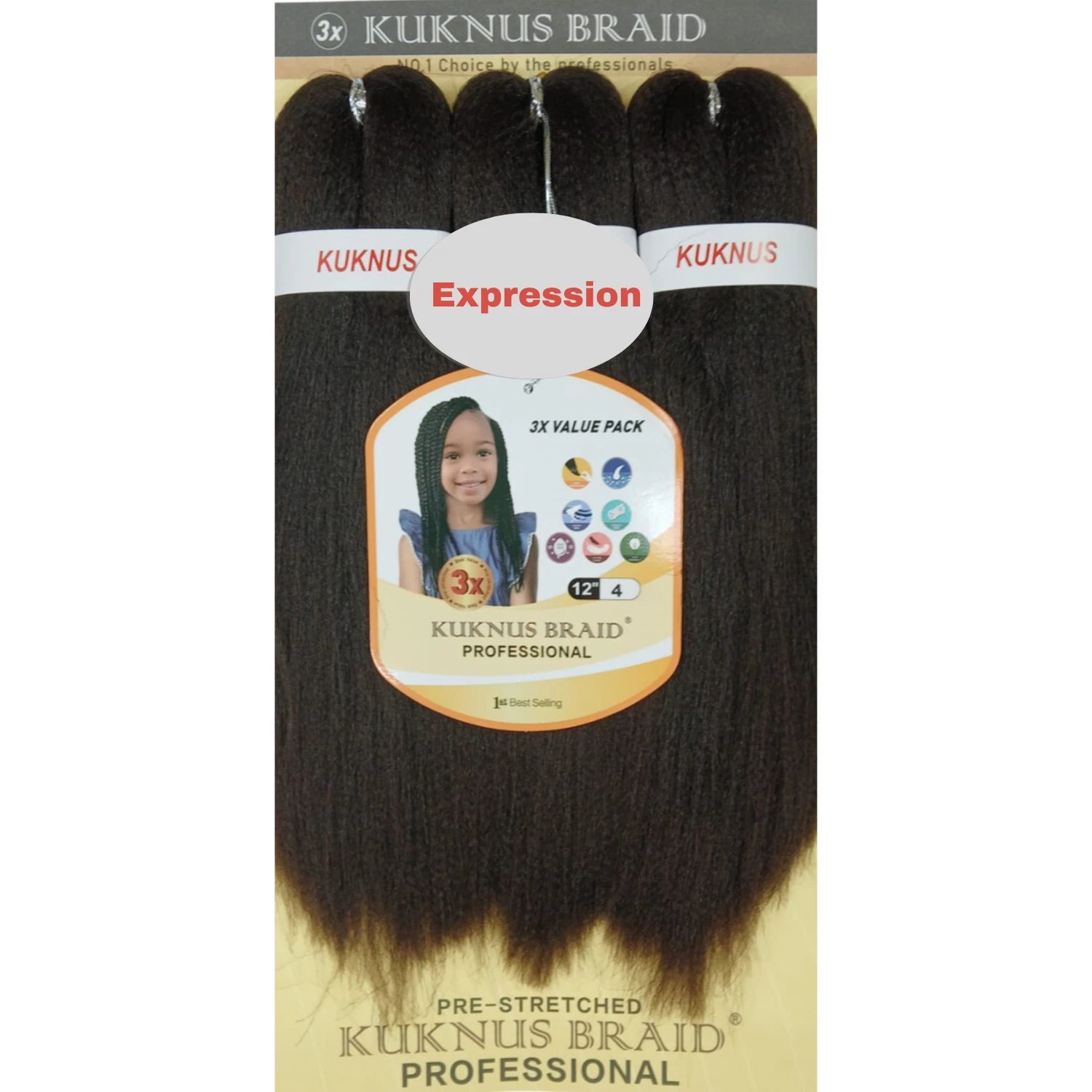 Kukunus Braid Professional Pre-Stretched Braiding Hair 12" 3 Pack