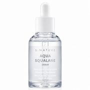 clear glass s.nature aqua squalane serum bottle with a white dropper cap on a clean white background, featuring minimalist packaging and transparent serum.