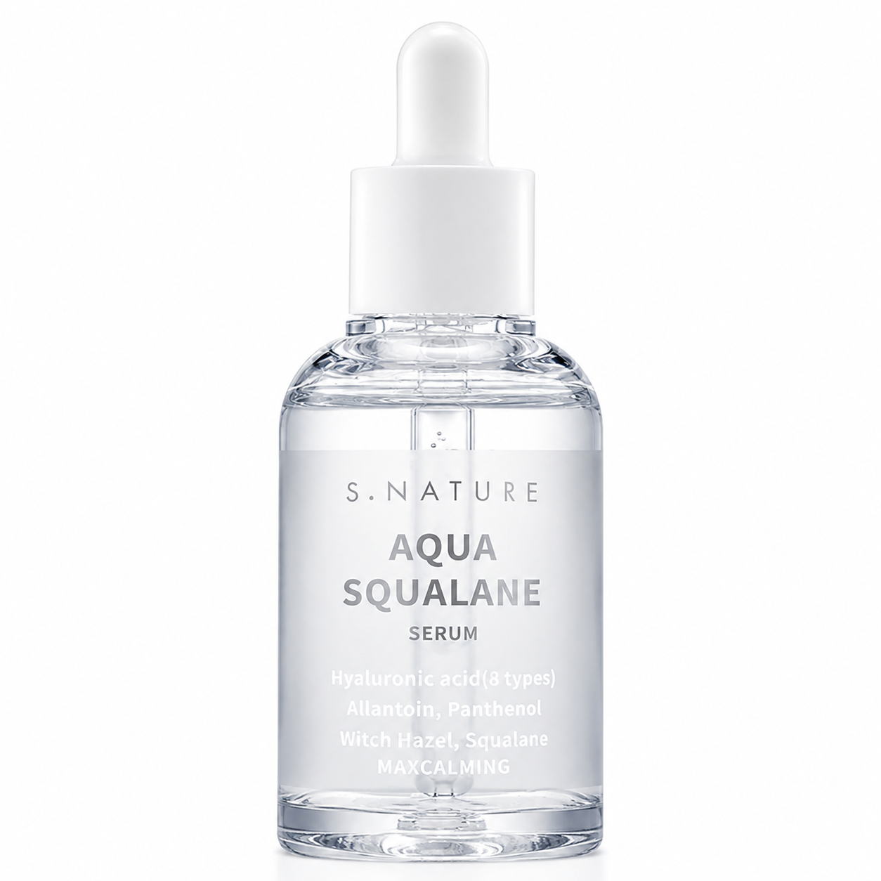 clear glass s.nature aqua squalane serum bottle with a white dropper cap on a clean white background, featuring minimalist packaging and transparent serum.