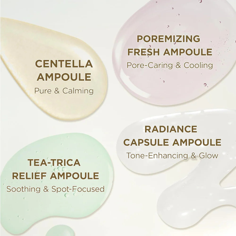 skin1004 madagascar centella ampoule comparison infographic highlighting four targeted formulas: centella ampoule for calming sensitive skin, poremizing fresh ampoule for pore care and cooling, tea-trica relief ampoule for soothing blemish-prone skin, and tone brightening capsule ampoule for improving uneven skin tone and boosting radiance.