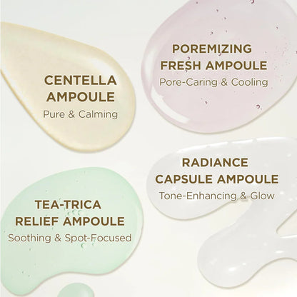 skin1004 madagascar centella ampoule comparison infographic highlighting four targeted formulas: centella ampoule for calming sensitive skin, poremizing fresh ampoule for pore care and cooling, tea-trica relief ampoule for soothing blemish-prone skin, and tone brightening capsule ampoule for improving uneven skin tone and boosting radiance.