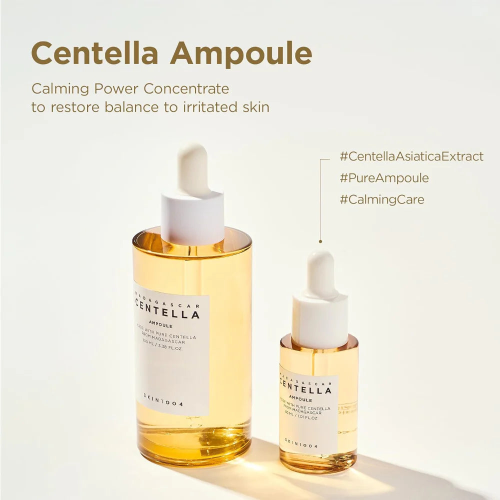 skin1004 madagascar centella ampoule infographic featuring full-size and travel-size centella ampoules. highlights a pure centella asiatica extract formula designed to help calm irritated skin, restore skin balance and provide lightweight hydration for sensitive skin.