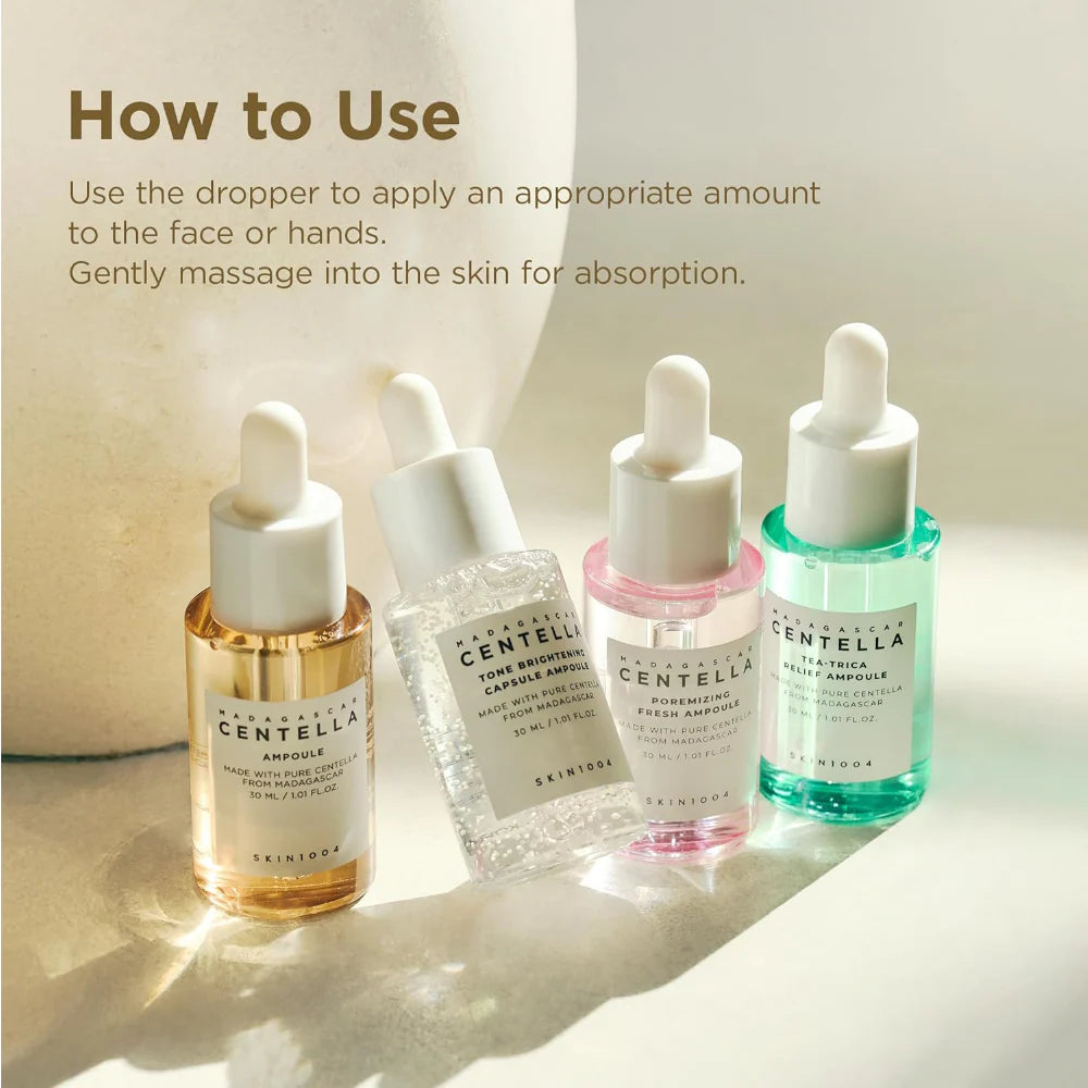 skin1004 madagascar centella ampoule kit how-to-use infographic featuring four targeted ampoules: centella ampoule, tone brightening capsule ampoule, poremizing fresh ampoule and tea-trica relief ampoule. illustrates applying a few drops with the dropper and gently massaging into the face or hands until fully absorbed.