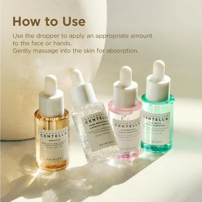 skin1004 madagascar centella ampoule kit how-to-use infographic featuring four targeted ampoules: centella ampoule, tone brightening capsule ampoule, poremizing fresh ampoule and tea-trica relief ampoule. illustrates applying a few drops with the dropper and gently massaging into the face or hands until fully absorbed.