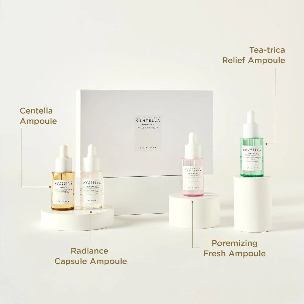 skin1004 madagascar centella ampoule kit infographic showcasing four targeted serums: centella ampoule, tone brightening capsule ampoule, poremizing fresh ampoule and tea-trica relief ampoule. highlights a complete skincare routine to soothe sensitive skin, brighten the complexion, refine the appearance of pores and help calm blemish-prone skin.