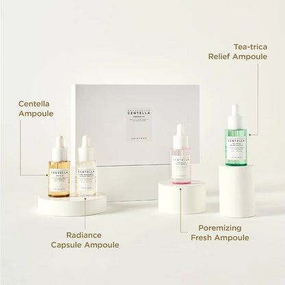 skin1004 madagascar centella ampoule kit infographic showcasing four targeted serums: centella ampoule, tone brightening capsule ampoule, poremizing fresh ampoule and tea-trica relief ampoule. highlights a complete skincare routine to soothe sensitive skin, brighten the complexion, refine the appearance of pores and help calm blemish-prone skin.