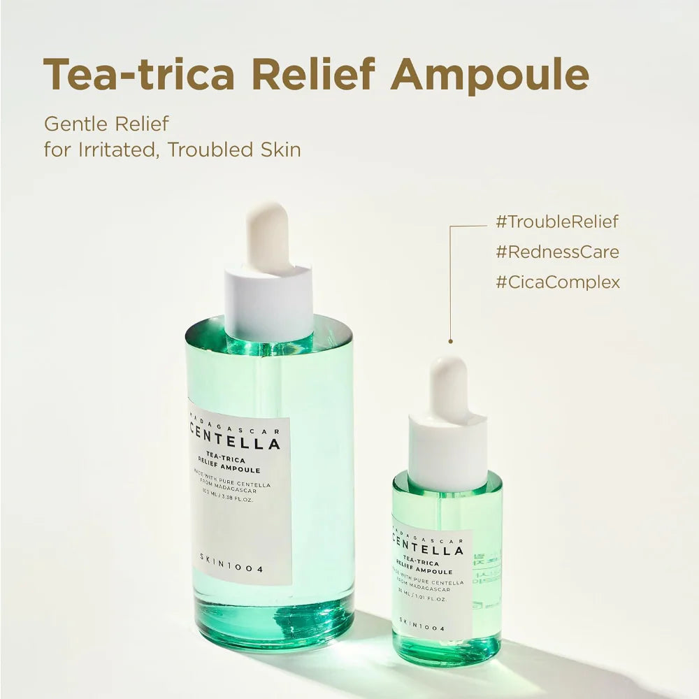skin1004 madagascar centella tea-trica relief ampoule infographic featuring full-size and travel-size tea-trica relief ampoules. highlights a soothing formula with centella and tea tree ingredients to help calm irritated, blemish-prone skin, reduce the appearance of redness and support a clearer, healthier-looking complexion.