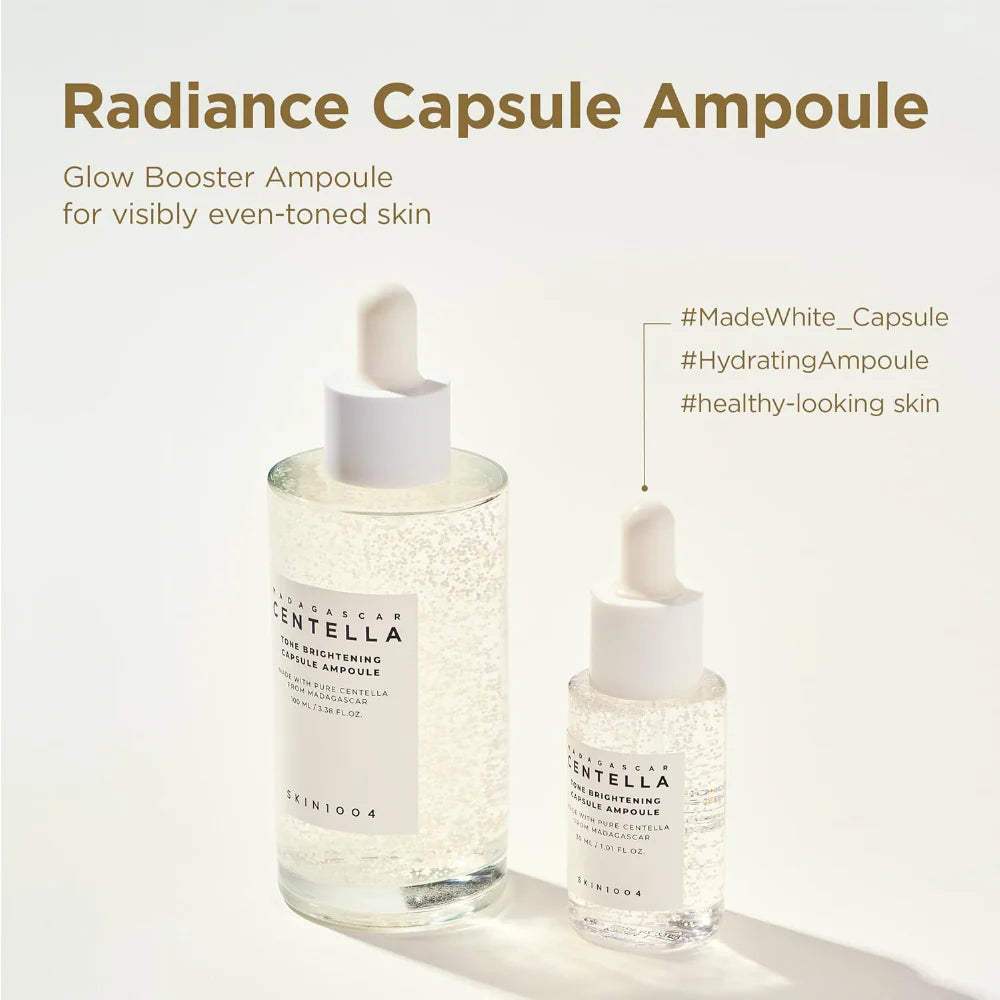skin1004 madagascar centella tone brightening capsule ampoule infographic featuring full-size and travel-size radiance capsule ampoules. highlights a brightening formula with madewhite™ capsules to help improve uneven skin tone, boost radiance, provide lightweight hydration and leave the complexion looking healthy and luminous.
