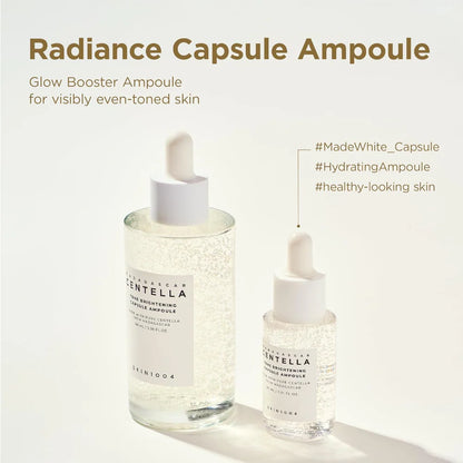 skin1004 madagascar centella tone brightening capsule ampoule infographic featuring full-size and travel-size radiance capsule ampoules. highlights a brightening formula with madewhite™ capsules to help improve uneven skin tone, boost radiance, provide lightweight hydration and leave the complexion looking healthy and luminous.