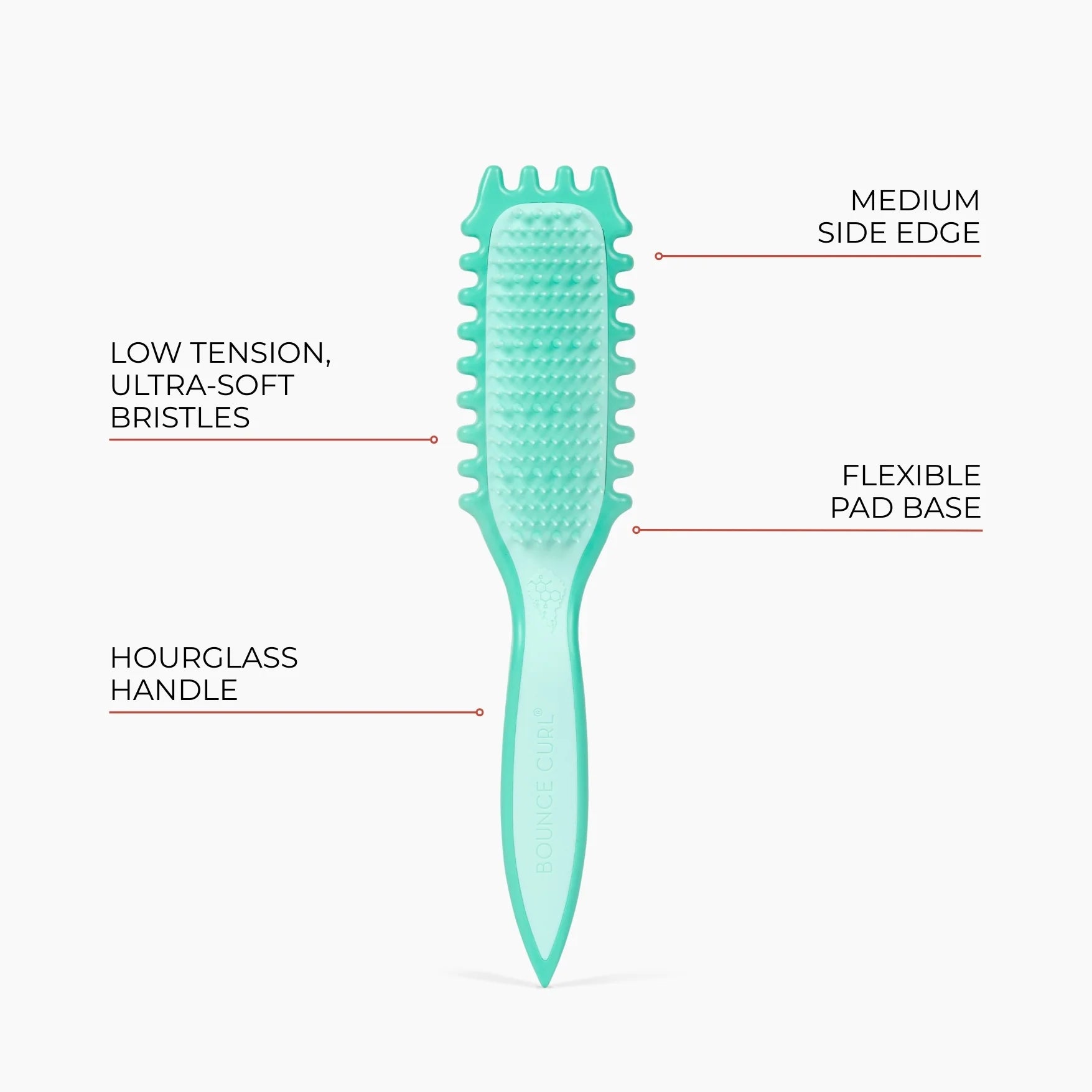 Teal Bounce Curl Slick-Flex Define Brush with labeled features on a white background