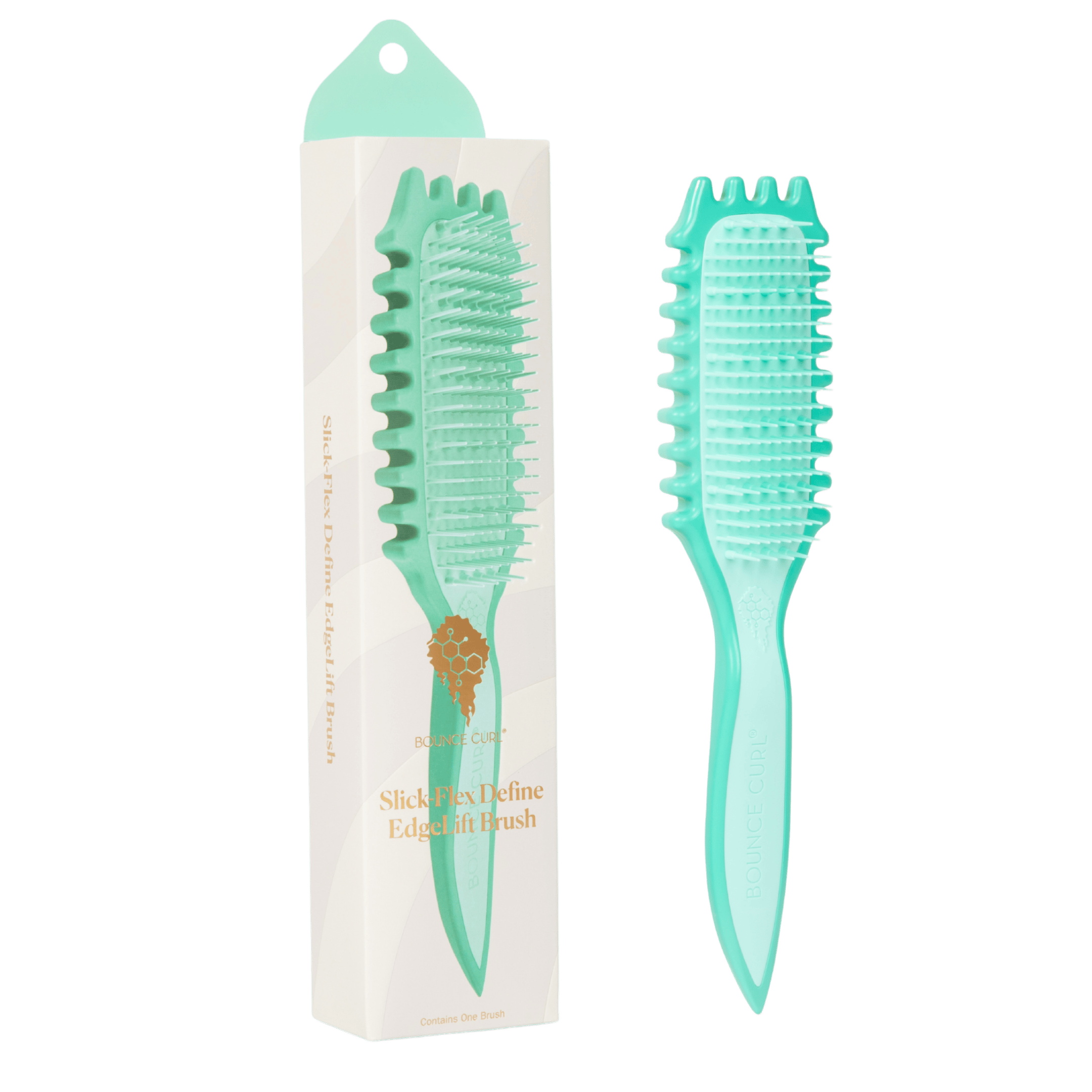 Bounce Curl Slick-Flex Define Brush Turquoise hairbrush with packaging on a white background