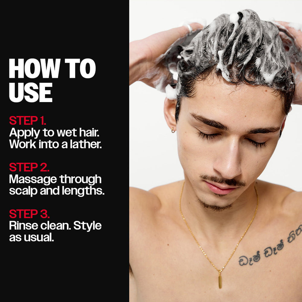 Step-by-step guide showing how to use Slick Gorilla Daily 2 In 1 Shampoo & Conditioner by applying to wet hair, massaging into the scalp and lengths, then rinsing clean for fresh, healthy-looking hair.
