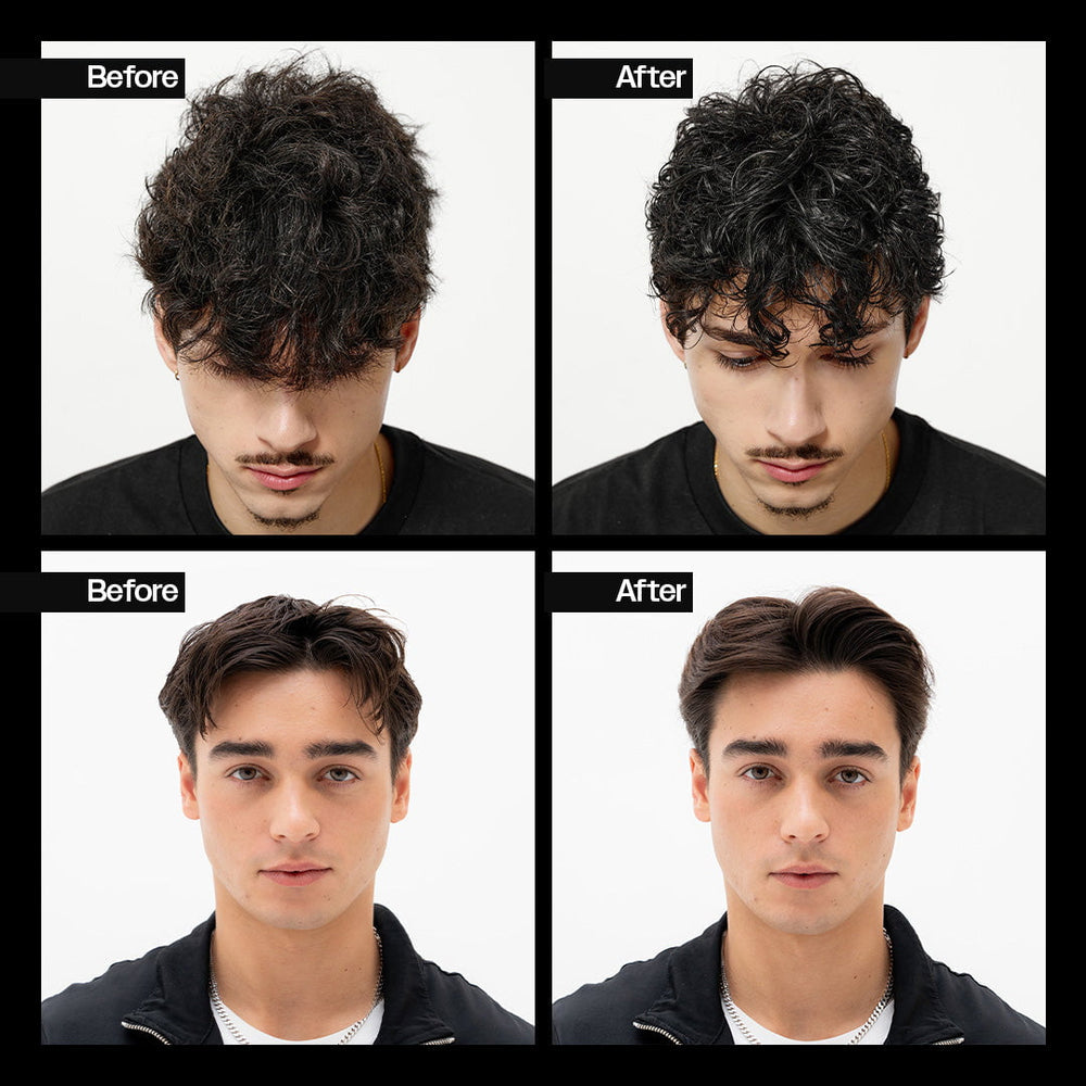 Before and after comparison showing Slick Gorilla Daily 2 In 1 Shampoo & Conditioner leaving hair cleaner, softer, healthier-looking and more defined with improved texture and shine.

