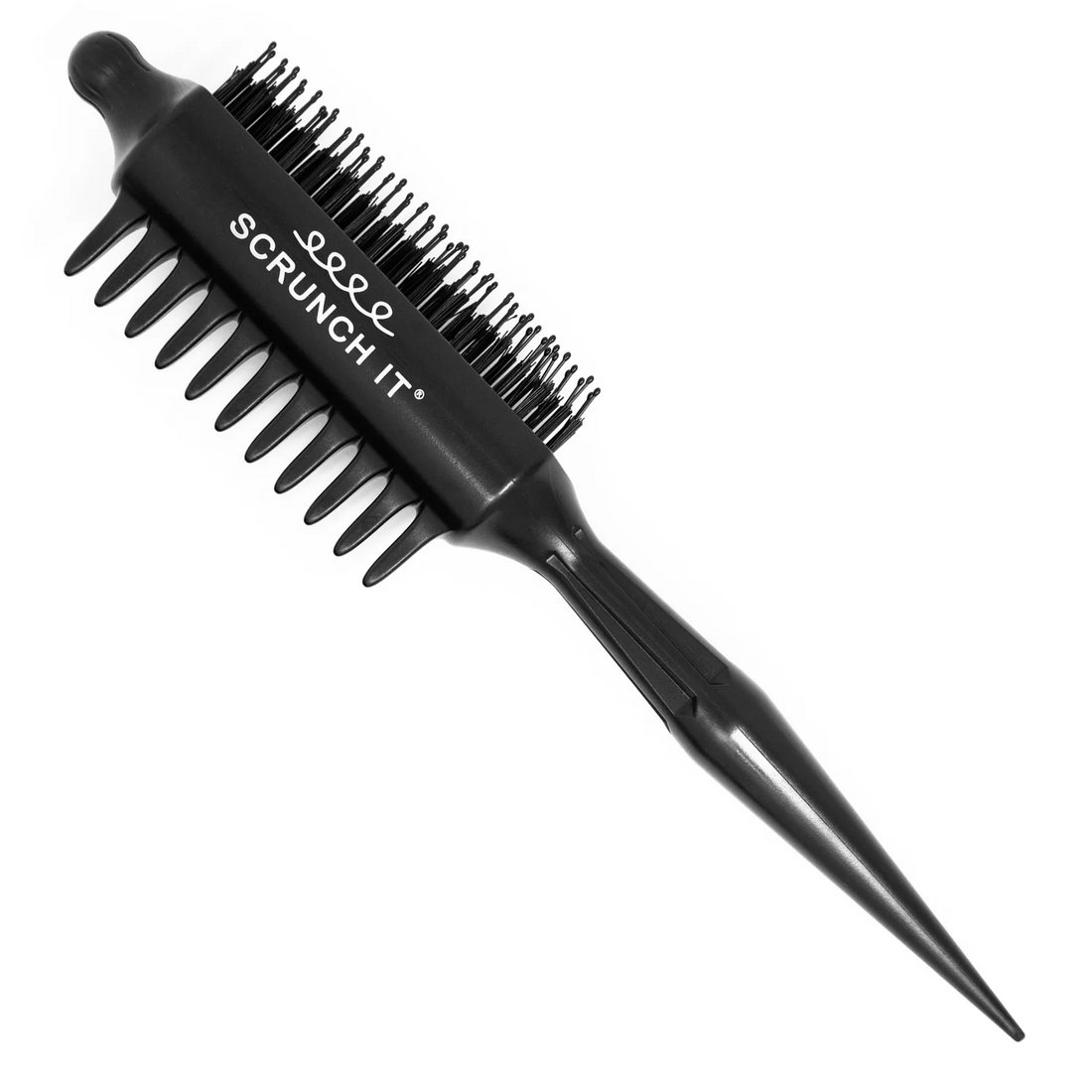 Black scrunch it small clumps hair brush with bristle design on a white background