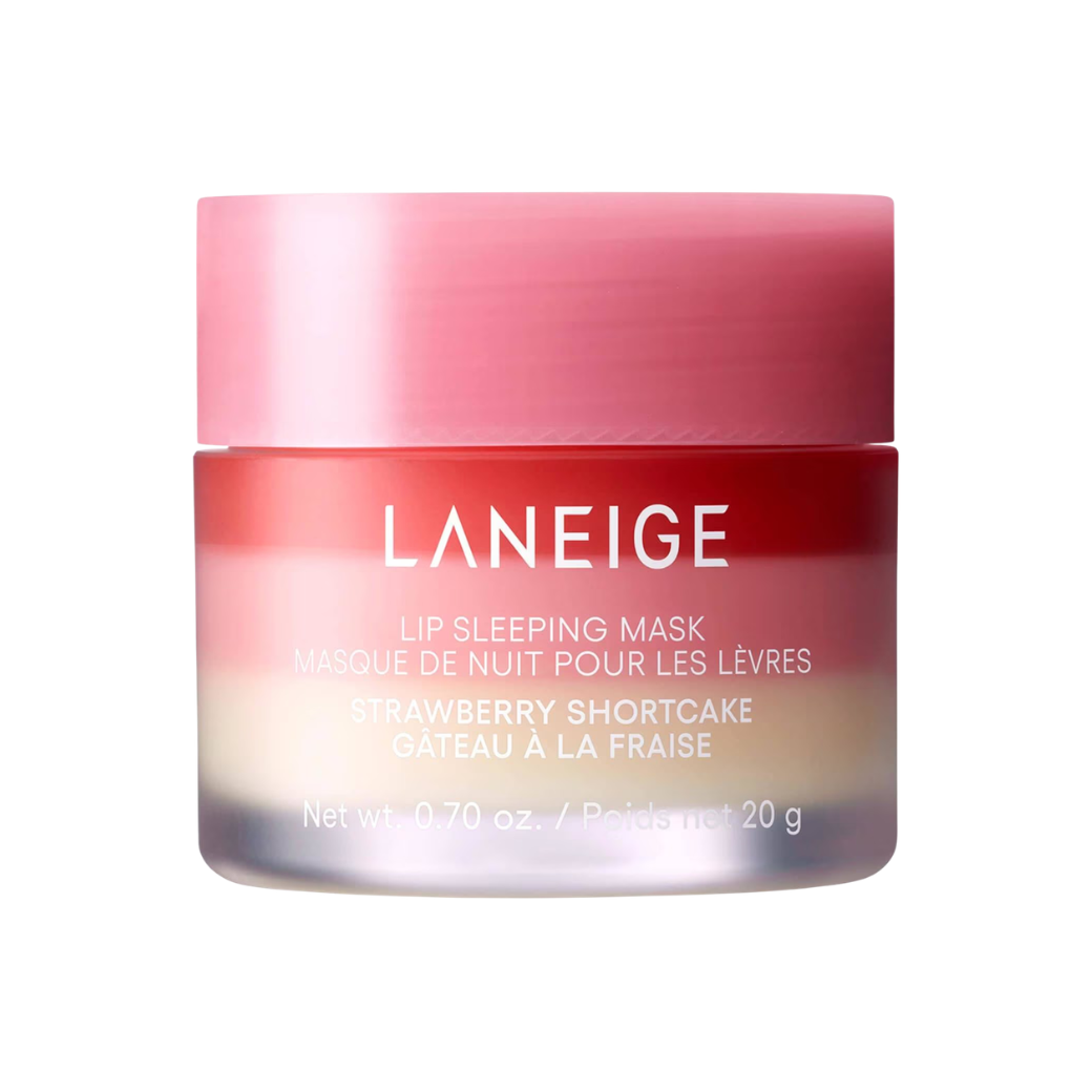 Laneige lip sleeping mask jar with gradient pink and red design on a white background