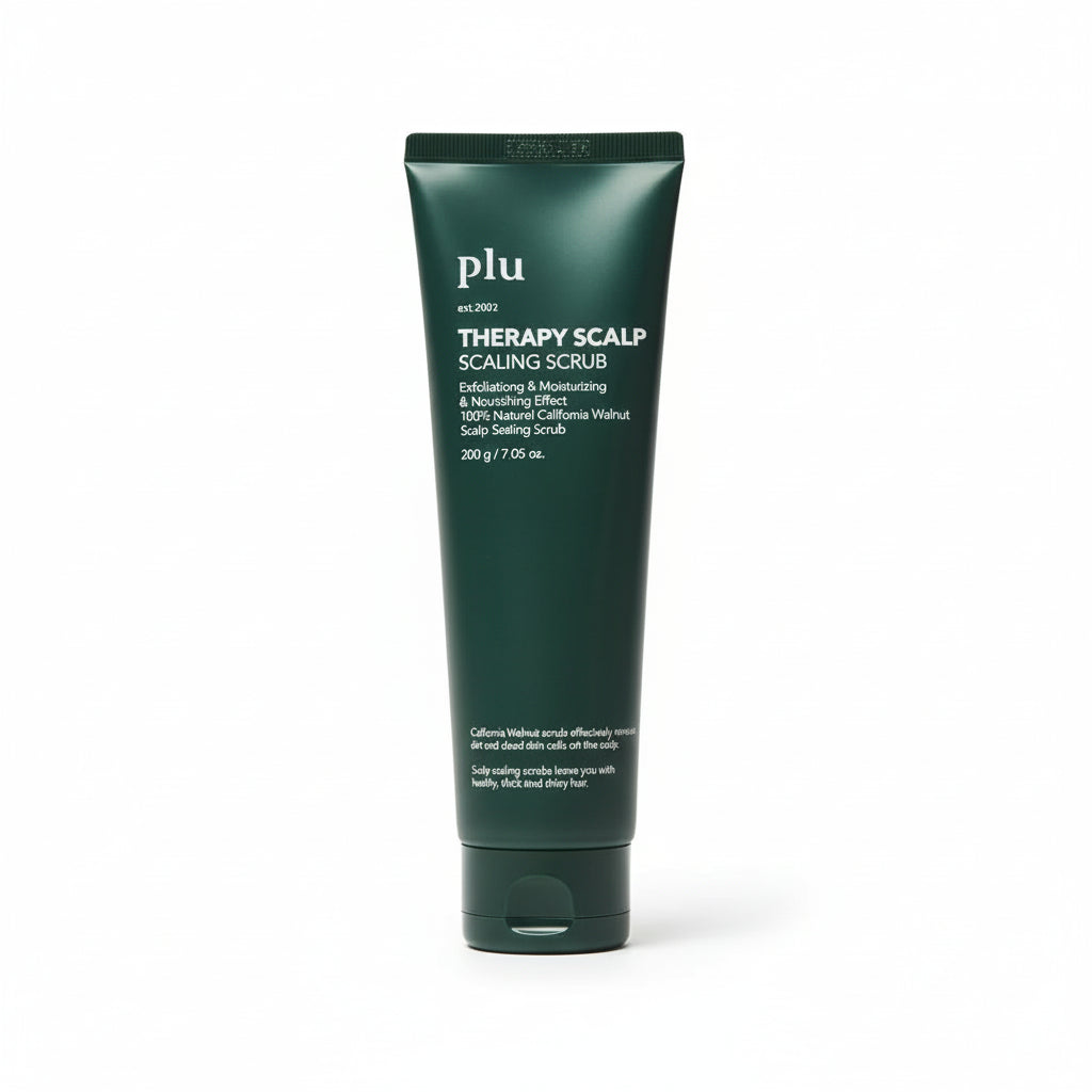 Green tube of Plu Therapy Scalp Scaling Scrub on a beige background
