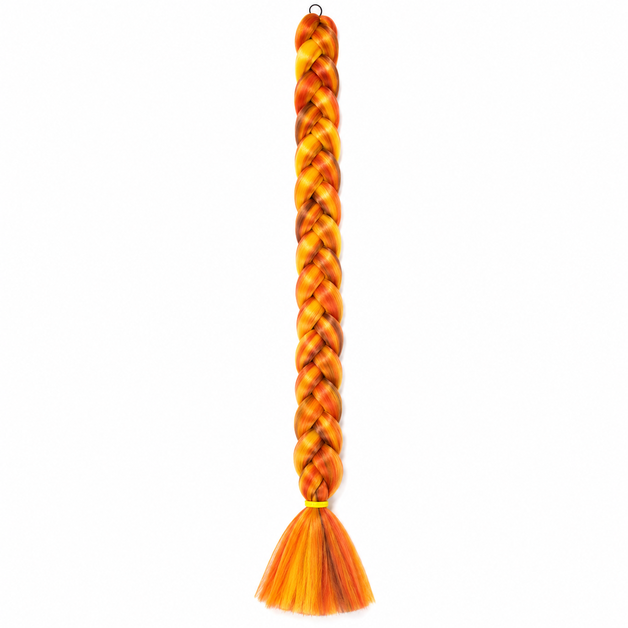 sunset long synthetic braiding hair extension in a neat three-strand braid with a smooth tassel end secured by a yellow elastic band, isolated on a clean white background