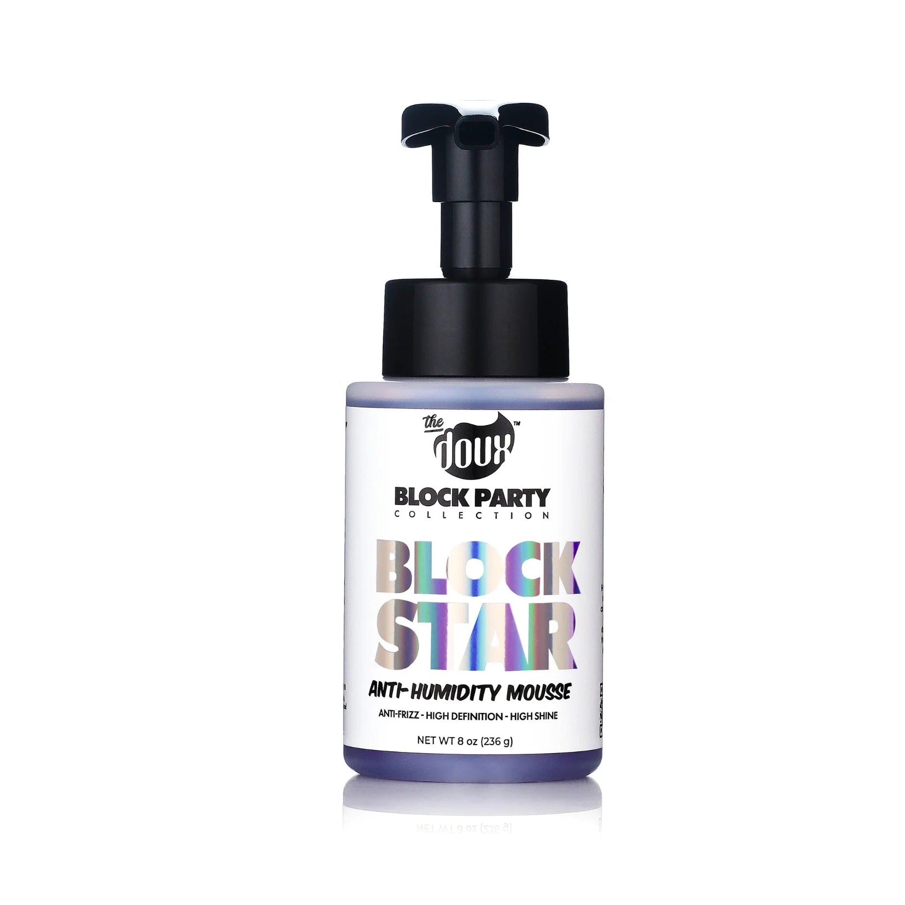 Block Star anti-humidity mousse bottle with black cap on a white background