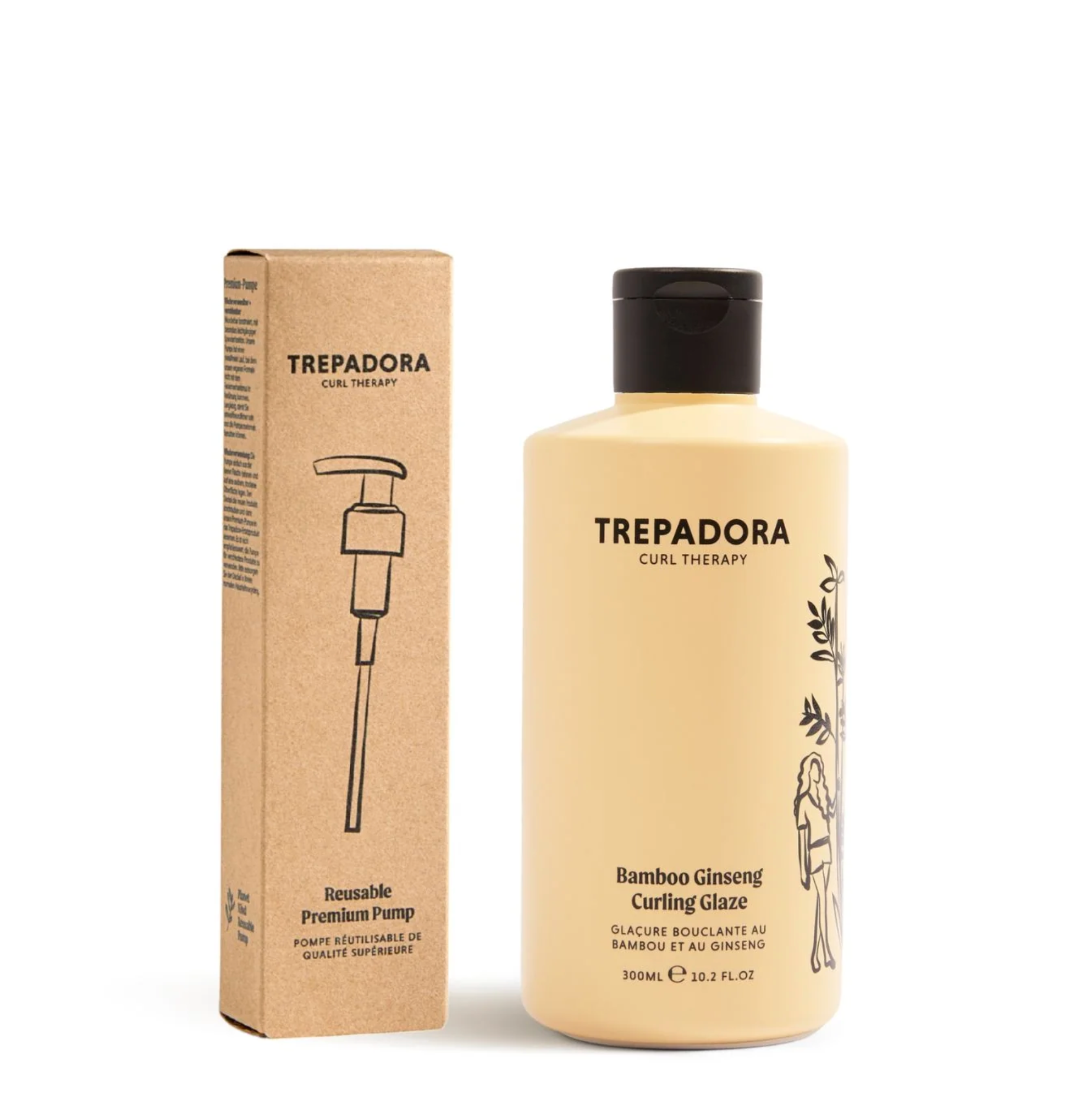 Trepadora Curl Therapy Bamboo Ginseng Curling Glaze bottle in a cream color with a black cap, shown next to its brown kraft paper packaging box on a white background.