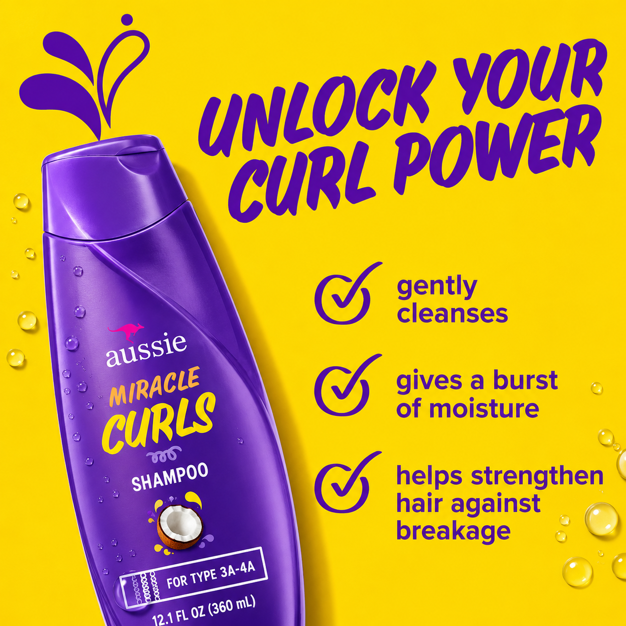 unlock your curl power graphic featuring aussie miracle curls shampoo in a purple bottle on a bright yellow background. the design highlights key benefits including gently cleanses, gives a burst of moisture, and helps strengthen hair against breakage with bold typography and playful water graphics.