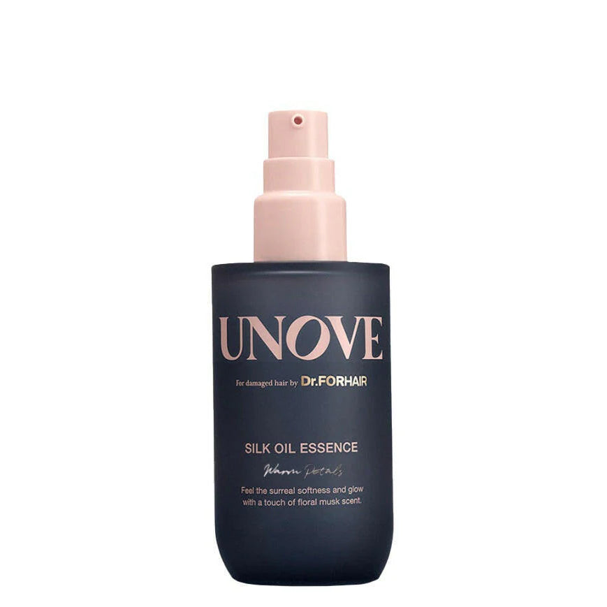 UNOVE silk oil essence bottle with pink spray nozzle on a white background