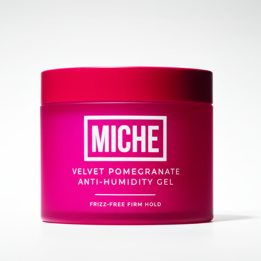 Miche Velvet Pomegranate hair gel jar with a pomegranate fruit on a white background