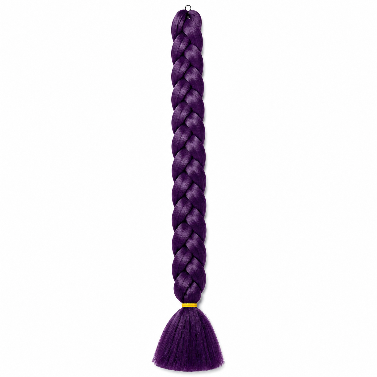 violet long synthetic braiding hair extension in a neat three-strand braid with a smooth tassel end secured by a yellow elastic band, isolated on a clean white background