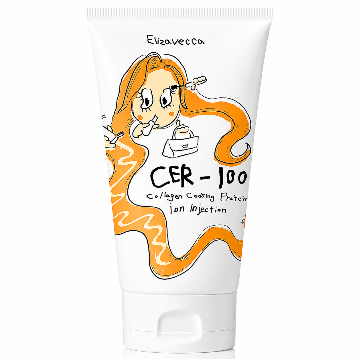 white elizavecca cer-100 collagen coating protein treatment tube with playful illustrated packaging featuring a girl with long orange hair on a clean white background.
