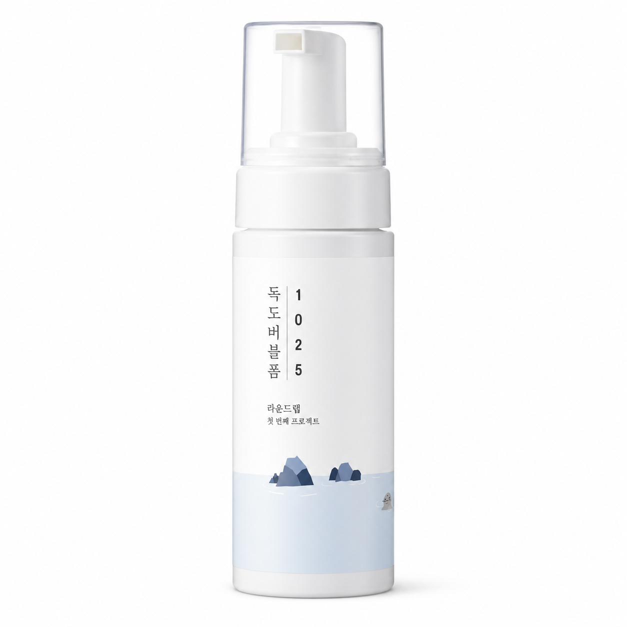 white foaming cleanser bottle with a clear pump cap and minimalist korean packaging on a clean white background.