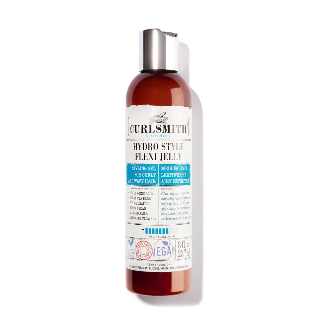 A bottle of Curlsmith Hydro Style Flexi Jelly, a medium hold styling gel for curls.