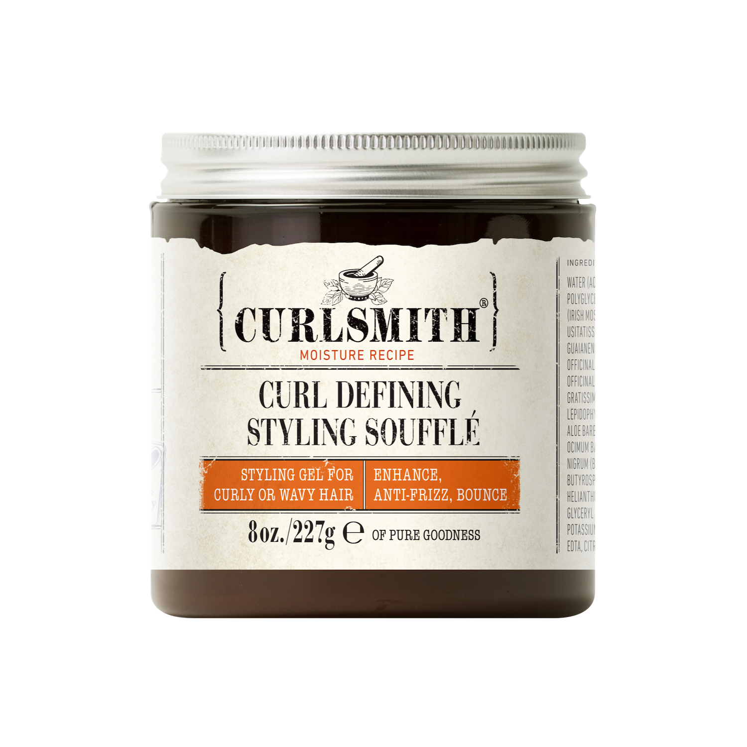 A jar of Curlsmith Curl Defining Styling Souffle with product information and branding visible on the label.