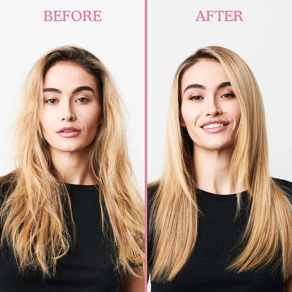Before and after results using Umberto Giannini WeatherProof Finish Anti-Humidity Frizz Free Hairspray showing frizzy hair transformed into smooth, sleek, humidity-resistant hair.