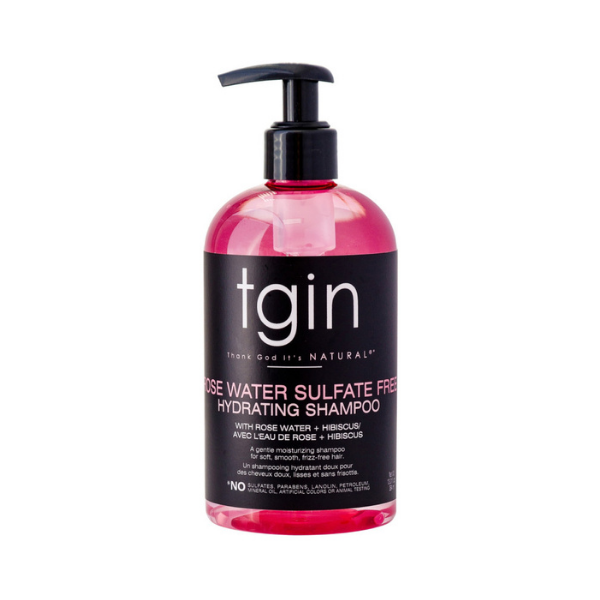 A bottle of tgin Rose Water Sulfate Free Hydrating Shampoo with a pump dispenser, predominantly pink in color.