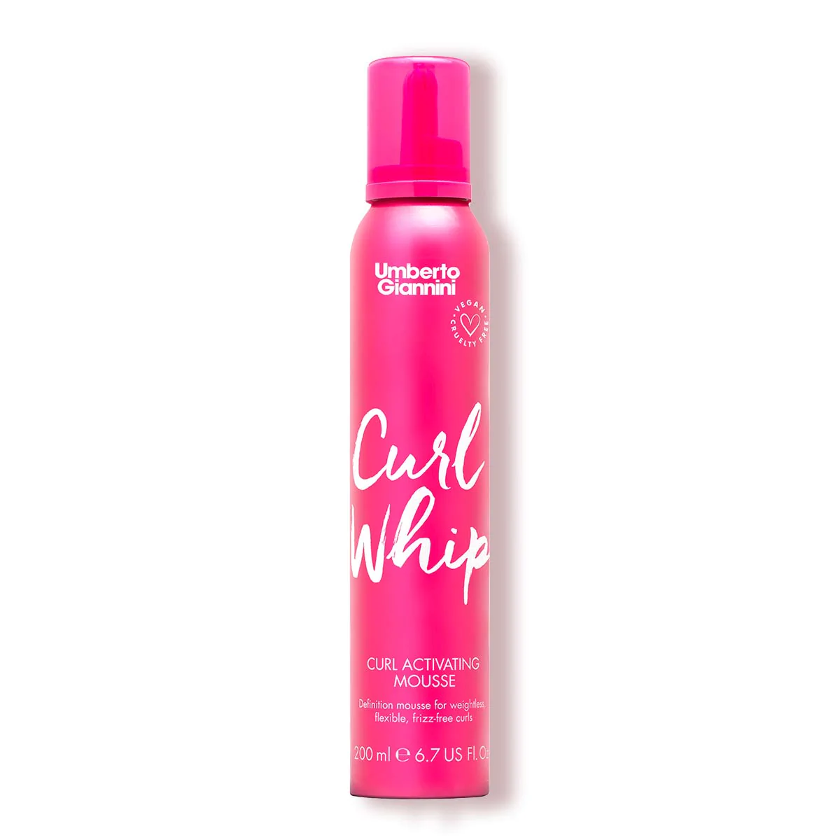 A pink aerosol can of Umberto Giannini Curl Whip Curl Activating Mousse 200ml.