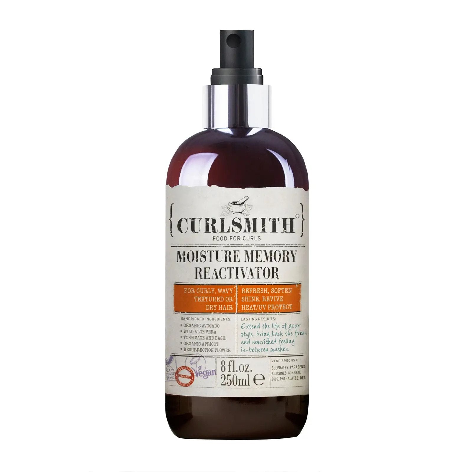 A bottle of Curlsmith Moisture Memory Reactivator, designed for hair styling and defined as vegan.