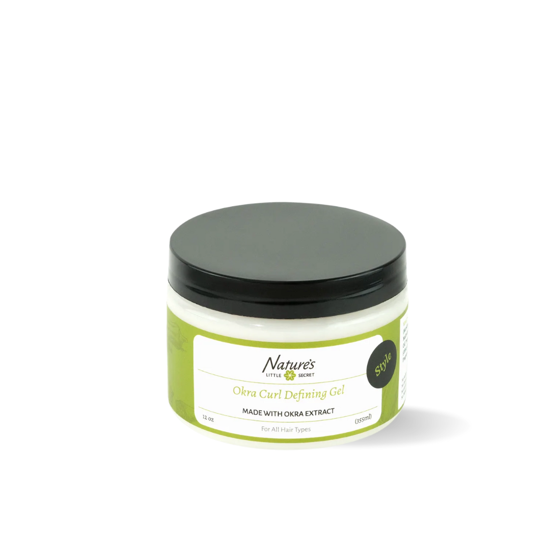 A plastic jar of Nature's Little Secret Okra Curl Defining Gel with a black lid, labeled for hair styling.