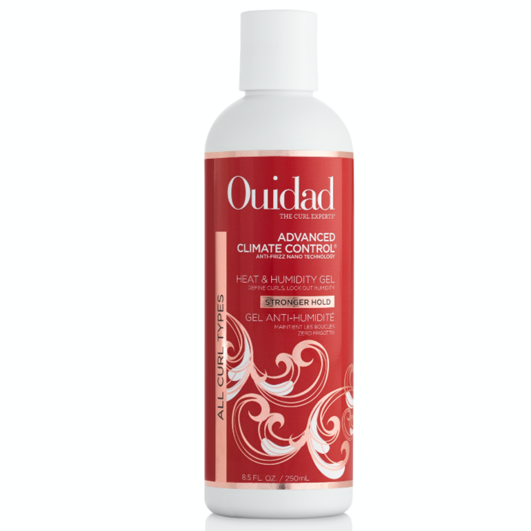 A bottle of Ouidad Advanced Climate Control Heat & Humidity Gel with Strong Hold for hair styling.
