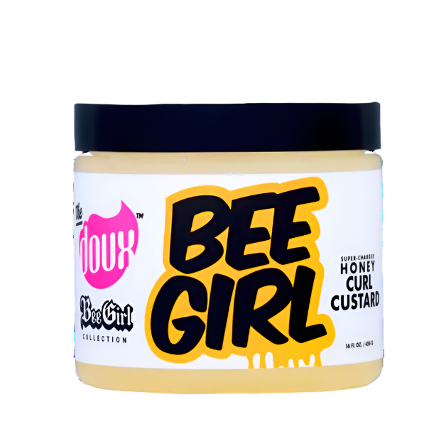 A plastic jar of The Doux Bee Girl Honey Curl Custard with a black lid and yellow label featuring the product name and description.