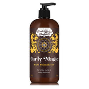 A plastic bottle with a pump dispenser labeled 'Uncle Funky’s Daughter Curly Magic Curl Stimulator', primarily in dark colors with decorative yellow and white text.