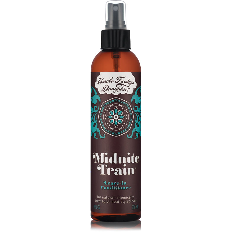 A bottle of Uncle Funky's Daughter Midnite Train Leave-in Conditioner with a dark label and a spray nozzle.